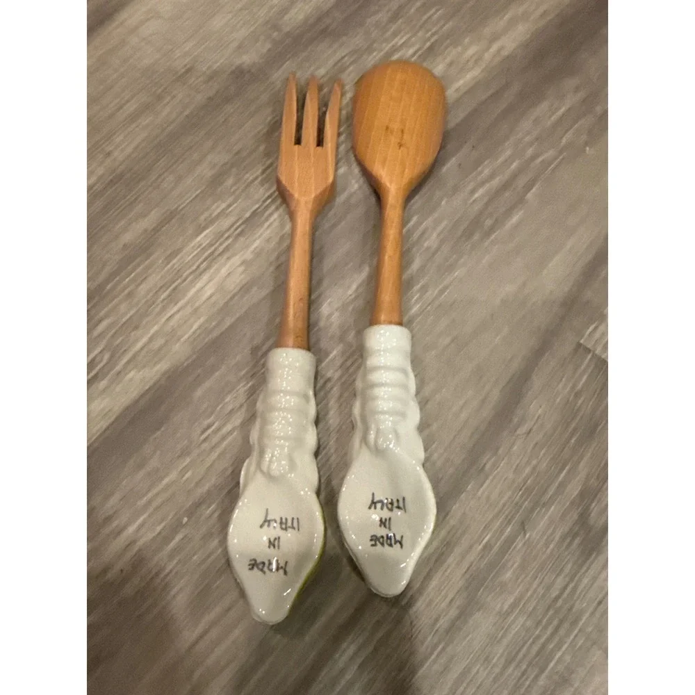 Vintage Italian Hand Painted Ceramic Handle Wood Salad Serving Set Sunflower 2pc